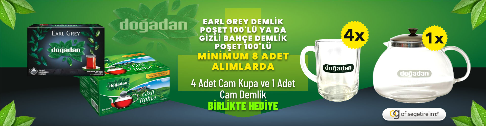 Doğadan Earl Grey Demlik Poşet Çay 100'lü ya da Gizli Bahçe Demlik Poşet Çay 100'lü Minimum 8 adet Alımlarda 4 adet Cam Kupa ve 1 adet Cam Demlik Hediye!