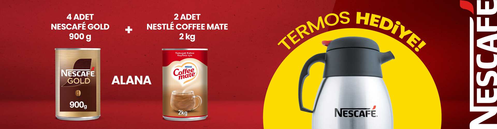 4 Adet Nescafe Gold 900 G ve 2 Adet Coffee Mate Kahve Kreması 2000 Gr Alımınıza Nescafe Termos Hediye!