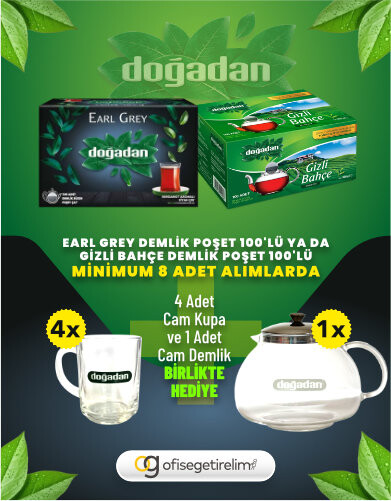Doğadan Earl Grey Demlik Poşet Çay 100'lü ya da Gizli Bahçe Demlik Poşet Çay 100'lü Minimum 8 adet Alımlarda 4 adet Cam Kupa ve 1 adet Cam Demlik Hediye!